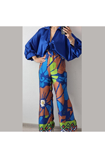 OEMN Women's Set Satin Blouse and Pants with Various Prints