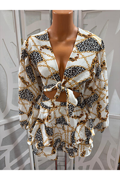 OEMN Set dama top cropped cu maneci bufante si fusta-pantalon, imprimeuri var...