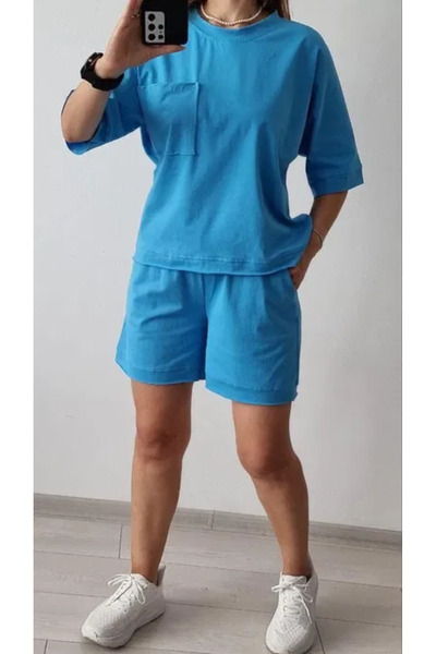 OEMN Women's Cotton T-Shirt and Shorts Set with Chest Pocket - Sporty