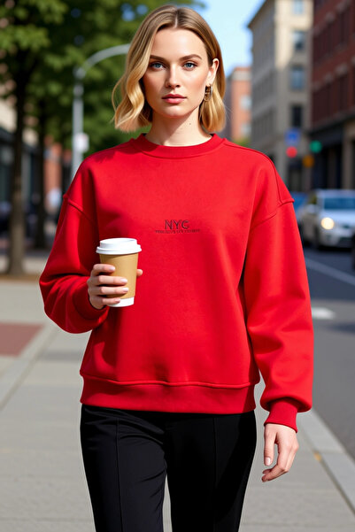 BENERLY Women's Crew Neck Low Sleeve Oversized Mold Embroidered Sweatshirt Fu...