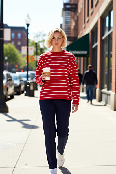 BENERLY Women's Crew Neck Low Sleeve Striped Knitted Wide Cut Sweatshirt Func...