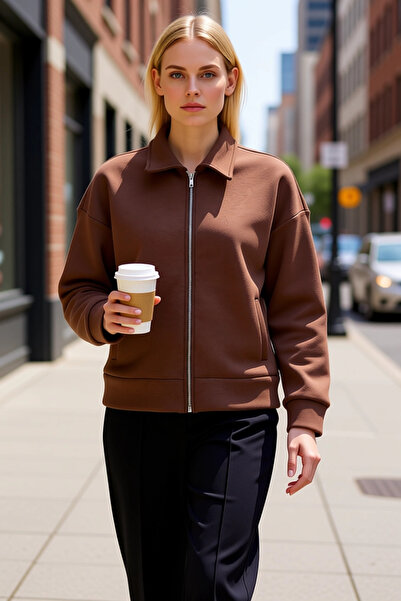 BENERLY Women's Polo Neck Zippered Oversized Sweatshirt Long Sleeve Functiona...