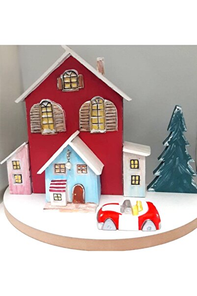 ELSA El Yapımı Ahşap Yılbaşı Evi ve Çam Ağacı Dekoru (4 Parça Set)