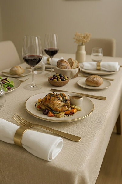 Oxyteez مفرش طاولة من الكتان الكريمي ذو ملمس كتاني مقاوم للبقع، سطح ناعم