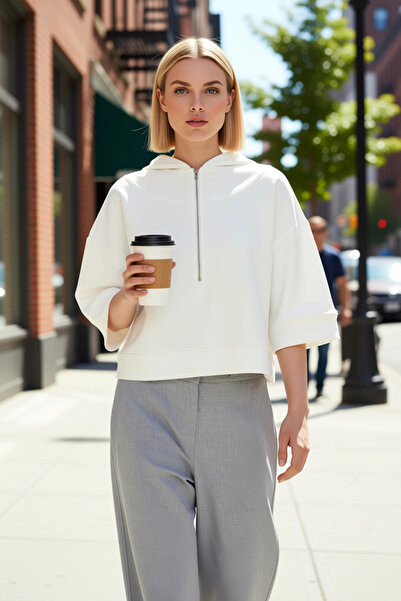 BENERLY Women's Hooded Quarter Sleeve Zipper Detailed Oversized Sweatshirt Fu...