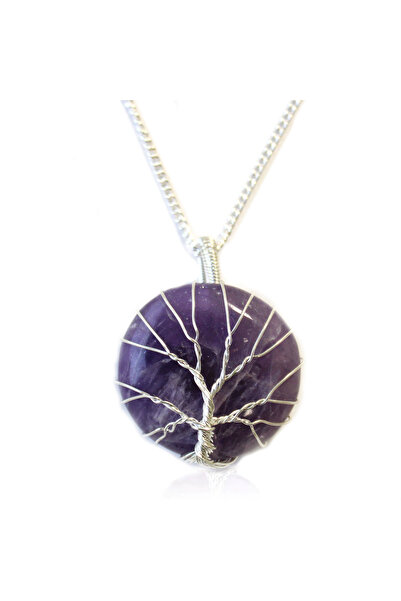 Eva Grace Colier handmade, placat cu argint, cu pietre naturale si pandantiv rotund, cu model Arborele Vietii