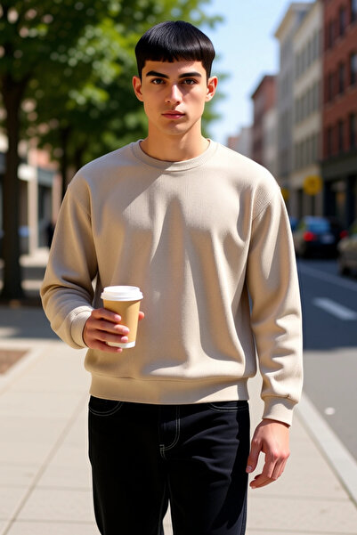 BENERLY سويت شيرت رجالي ذو ياقة دائرية وأكمام قياسية قصة فضفاضة منسوجة بنمط ا...