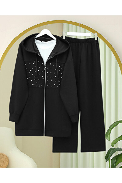 Modamorfo Hooded Zippered Front Pearl and Stone Detailed Oyhso Suit - Black