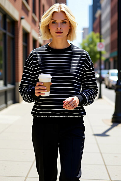 BENERLY Hanorac tricotat cu gât crew pentru femei, cu mâneci scurte, în dungi...