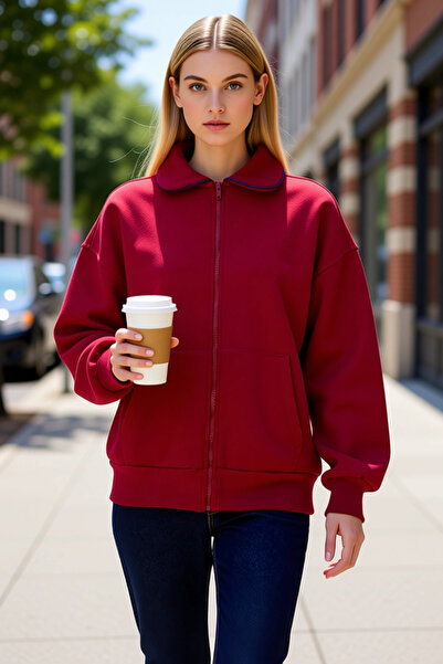 BENERLY Kadın Polo Yaka Düşük Kol Geniş Kalıp Fermuarlı %100 Pamuk Sweatshirt...