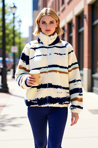 BENERLY سترة نسائية محبوكة ياقة مرتفعة متوسطة الطول بأكمام منخفضة وسحاب للإغل...