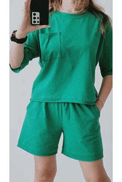 OEMN Women's Cotton T-Shirt and Shorts Set with Chest Pocket - Sporty