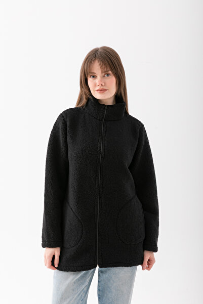 EtkiModa Women's Black Mock Neck Zippered Fleece Jacket