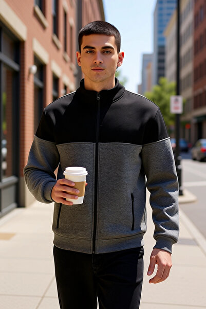 BENERLY Ανδρικό φούτερ με όρθιο γιακά, στάνταρ μανίκια, φερμουάρ, χρωματικό μ...