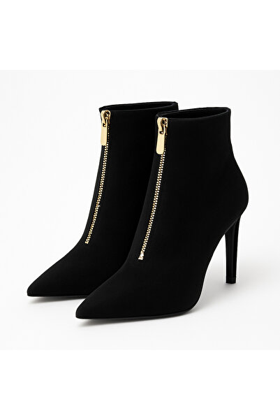 Mira Kadın Siyah Hakiki Süet Deri İnce Topuklu Fermuarlı Bot