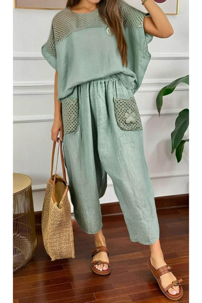 OEMN Compleu Dama Din In Croi Lejer, Bluză Si Pantaloni, Single Dimension, Cu...