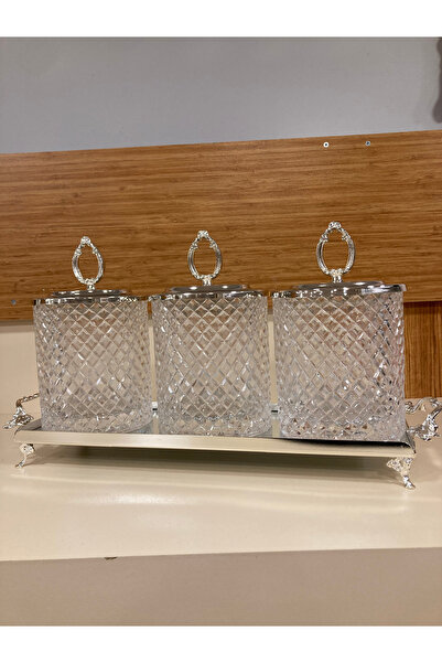 PLUS HOME Jar with Mirror Tray, Cut Glass, Set of 3, Silver Color