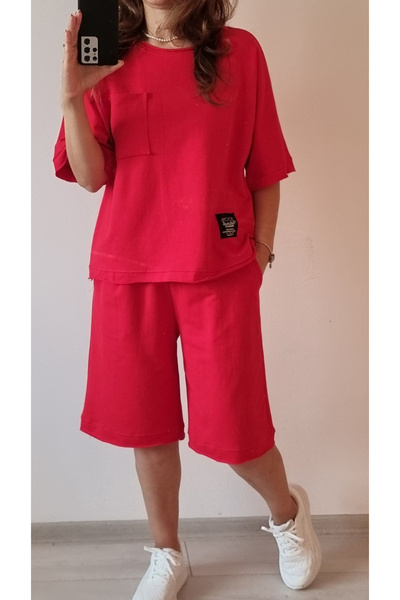 OEMN Women's Cotton T-Shirt and Shorts Set with Chest Pocket - Sporty