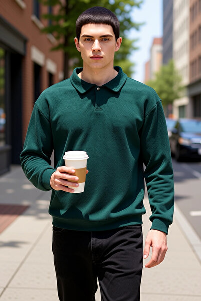 BENERLY Men's Polo Neck Standard Sleeve Oversized Thick Snap Fastener Sweatsh...