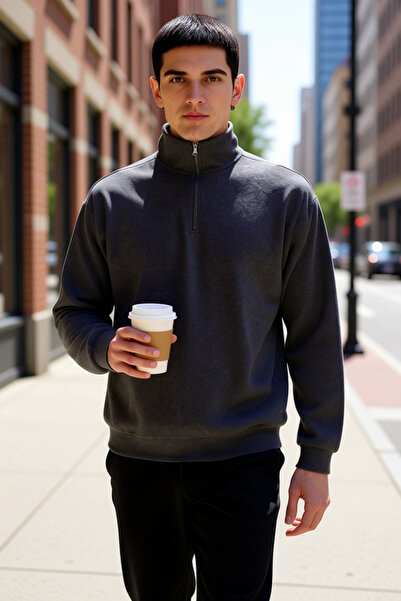 BENERLY سويت شيرت رجالي ياقة مرتفعة متوسطة الطول ستاندرد سيلانيك قصة فضفاضة ك...