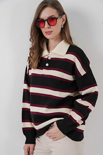 Cistern İstanbul Women's Polo Neck Striped Knitwear Sweater