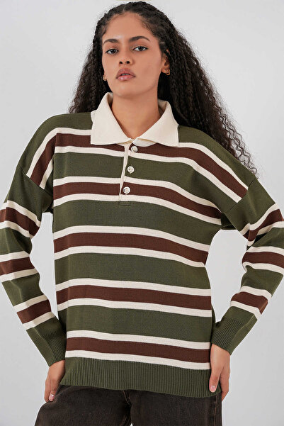 Cistern İstanbul Women's Polo Neck Striped Knitwear Sweater