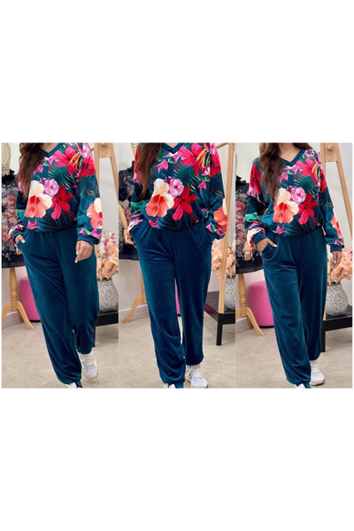 OEMN Compleu Dama din Catifea - Pantaloni si Hanorac cu Imprimeu Floral