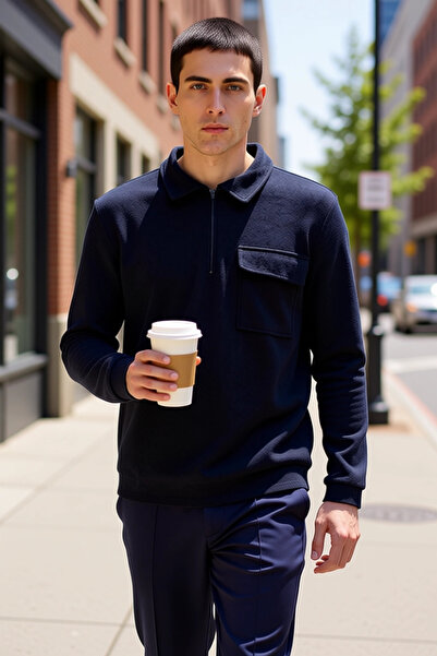 BENERLY Men's Polo Neck Zippered Pocket Detailed 100% Cotton Sweatshirt Funct...