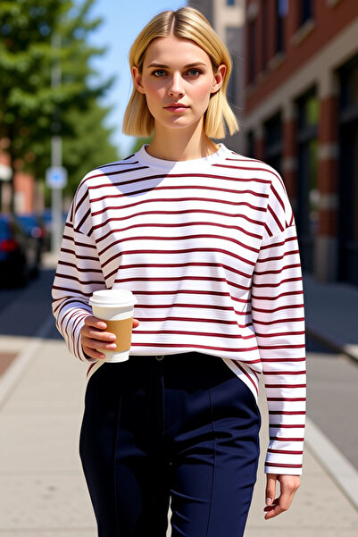 BENERLY Women's Crew Neck Low Sleeve Striped Knitted Wide Cut Sweatshirt Func...