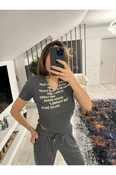 OEMN Women's cotton suit with inscriptions - Sorina - gray