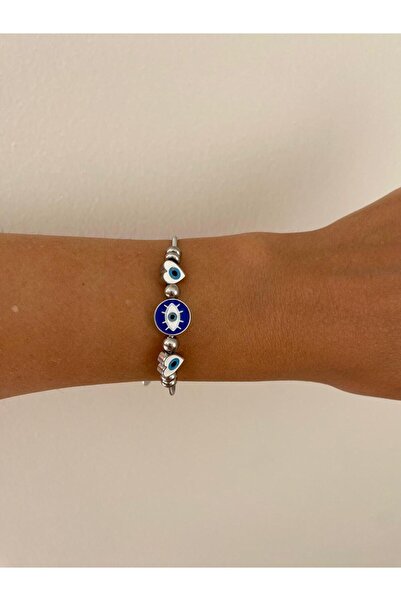 stainless steell Silver Steel Bracelet with Blue Evil Eye and Heart Figures