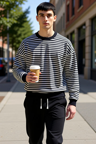 BENERLY قميص رجالي بياقة دائرية وأكمام قياسية مخططة قصة فضفاضة تصميم عملي متي...