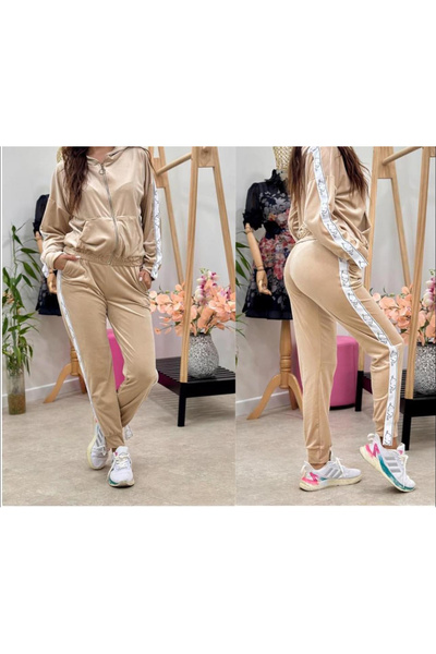 OEMN Compleu Dama din Catifea cu Inscriptii Laterale - Pantaloni si Hanorac c...