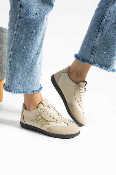 TİVANA Women's Sneaker Lace-Up Half Star Detailed Sports Shoes Nuvon - Beige