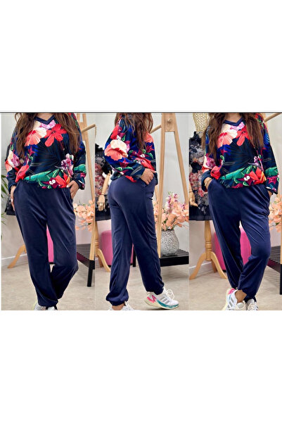OEMN Compleu Dama din Catifea - Pantaloni si Hanorac cu Imprimeu Floral