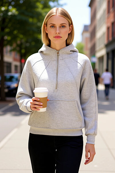 BENERLY Women's Hooded Raglan Sleeve Half Placket Zippered Sweatshirt Functio...