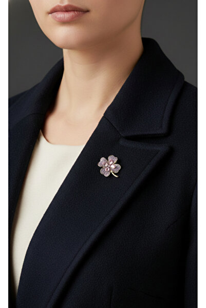 Efe Aks Göz Kamaştıran Mor Kristal Dört Yapraklı Yonca Broş - Şans Getiren Aksesuar