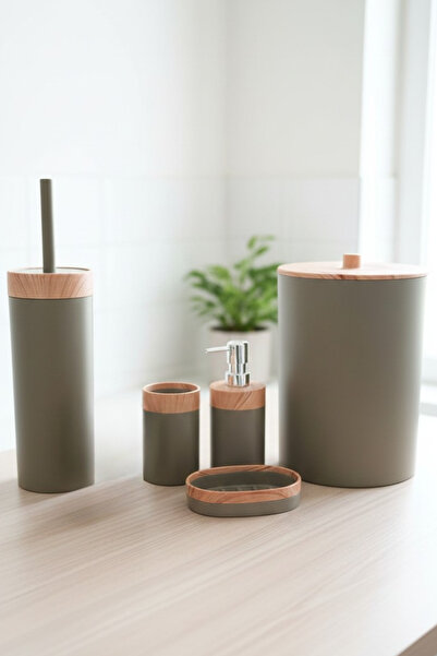 Hagen Ahşap Görünümlü 3lü Sabunluk Set+ WC Fırçası+ Çöp Kovası 5 Parçalı Banyo Seti Bohem Tarzı Özel Seri