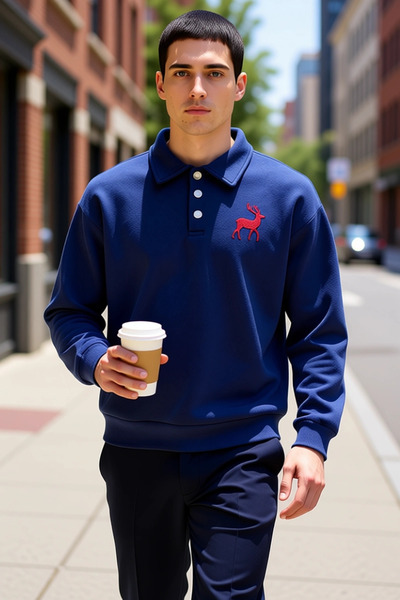 BENERLY Ανδρικό φούτερ με λαιμόκοψη πόλο και στάνταρ μανίκια, με φαρδιά γραμμ...