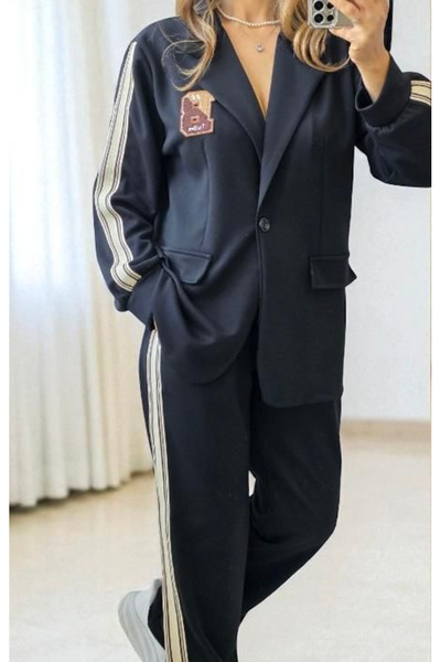 OEMN Compleu Casual Oversized cu Dungi Laterale si Sacou Lejer – Marime Universal L–2XL