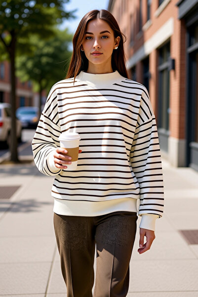 BENERLY Women's Crew Neck Low Sleeve Striped Knitted Sweatshirt Functional Du...