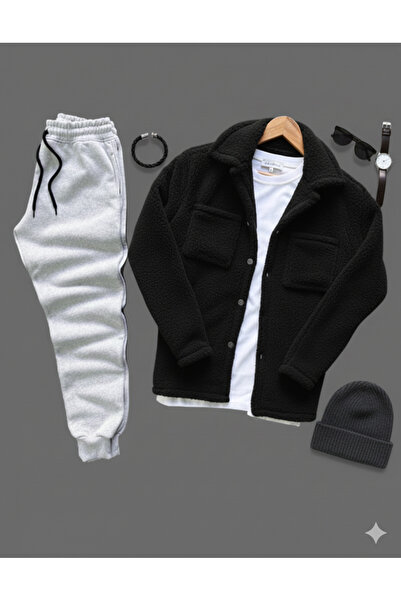 NİCE New Season Men's Set Bottom Top Plush Shirt- Sweatpants Long Sleeve Bottom Top Set