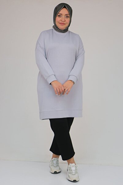 Eslina 58151 Plus Size Modal Tunic with Self-Ribbed Sleeves and Hem - Gray