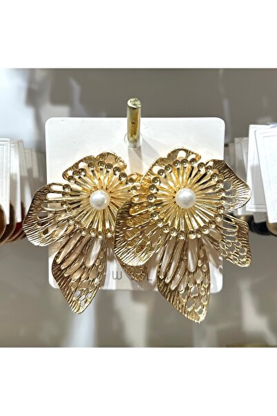 JEWELRY أقراط كبيرة على شكل زهرة VIP مرصعة باللؤلؤ باللون الذهبي
