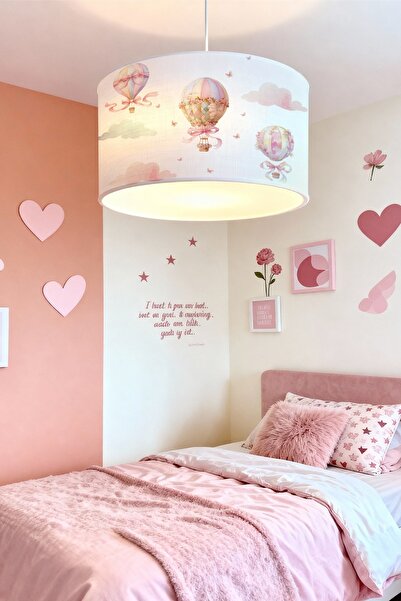 EVPANYA Pembe Çiçekli Balonlar Desenli Çocuk Odası Avize