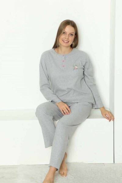 İpek Women's Long Sleeve Striped Pattern Embroidered 100% Cotton Pajama Set