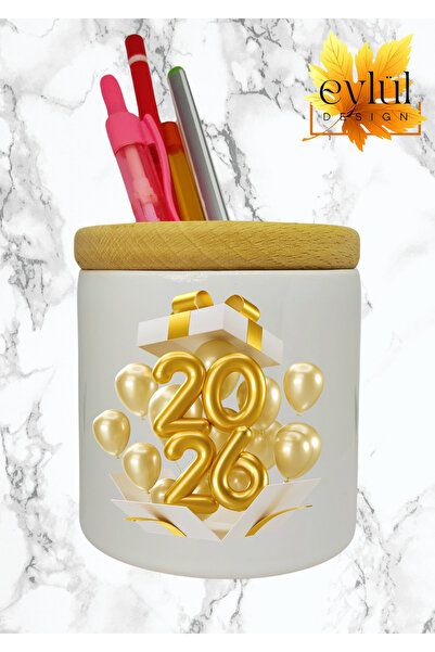 Eylül Design 2026 New Year Christmas Themed Printed Ceramic Desktop Pen Holde...