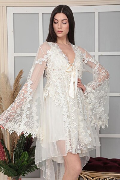 bigmama Gelinlik Sabahlık Fantezi Saten Gecelik Düğün Hazırlık Dantelli Balay...