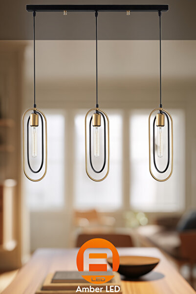 AmberLED Modern Metal Gövdeli 3'lü Sarkıt Avize Pütürlü Siyah Mutfak ve Salon...