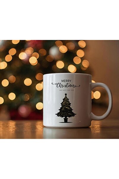 Bengami Yeni Yıl Yılbaşı Konseptli Noel Ağacı Gold Baskılı Desenli Seramik Ku...